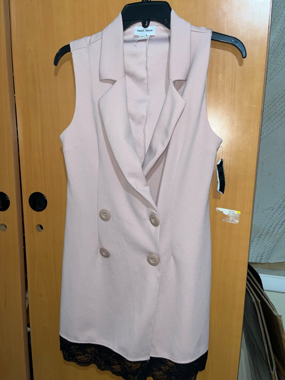 Sleeveless Double-Breasted Blush Vest Dress with Lace Trim